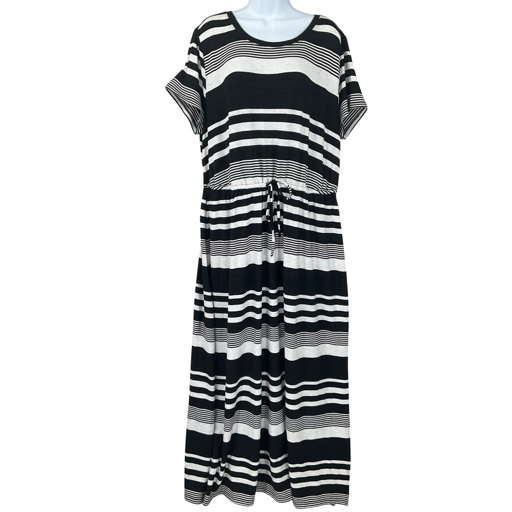 Loft Plus Size 20 Black White Striped Maxi Dress Short Sleeve Drawstring Waist